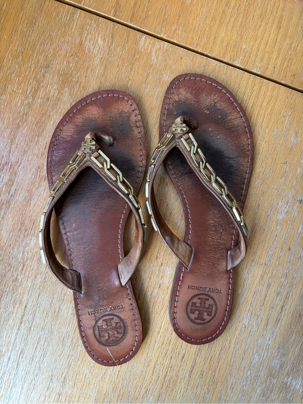 Tory Burch Brown Leather Thong Sandals with Gold Chain Trim
